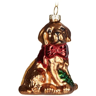 Image of BRUBAKER Golden Retriever with Red Bow Hand Painted Glass Christmas Bauble Mouth Blown Tree Decoration Figures Funny Pendant Ball 3.6 Inches (9.1 cm)