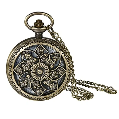 Image of JewelryWe Mother&#039;s Day Gifts Retro Bronze Flower Openwork Cover Quartz Pocket Watch with 32.3 Inch Chain