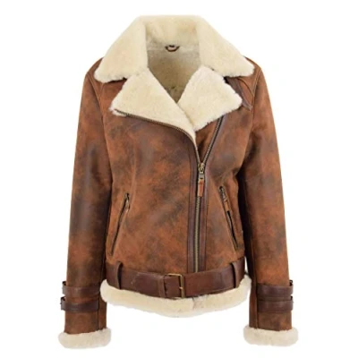 Image of A1 FASHION GOODS Womens Real Sheepskin Flying Jacket Antique Brown Shearling Aviator Coat Willow (16)