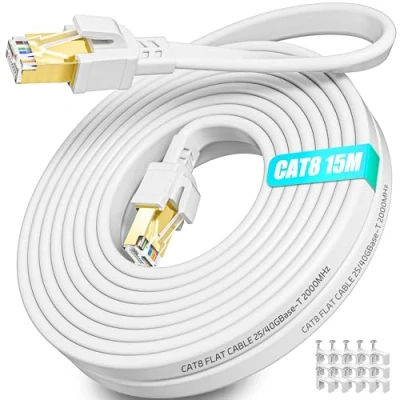 Image of Ethernet Cable 15m Cat 8, High Speed Internet Long Lan Network Flat Outdoor Indoor 40Gbps 2000MHz Wifi 15 Meter Gigabit White RJ45 Patch Cord for Router Modem Switch