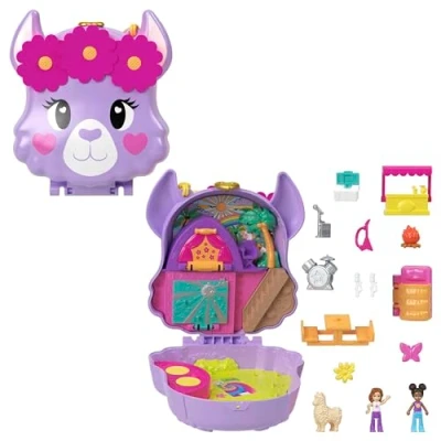 Image of Polly Pocket Mini Toys, Camp Adventure Llama Compact Playset with 2 Micro Dolls and 13 Accessories, World Travel Toys Surprise Reveals, HKV33