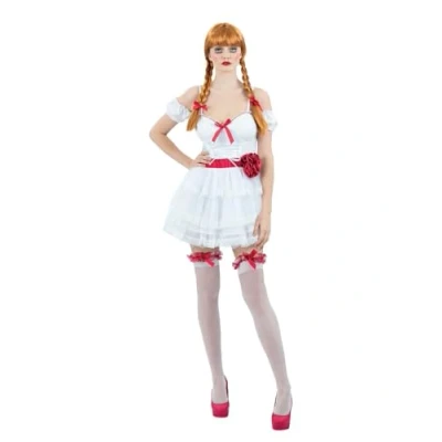 Image of Smiffys Annabelle Mini Dress Adult Costume Set, Includes Elegant Dress, Hold Ups, and Hair Ribbons, Officially Licensed Costume, Perfect for Themed Halloween Parties