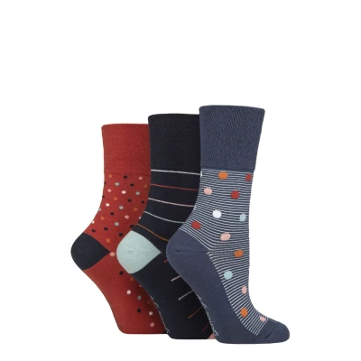 Image of Women&#039;s 3 Pair Gentle Grip Cotton Patterned and Striped Socks Heritage Spot / Stripe Blue 4 8