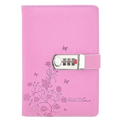 Image of LinYesh PU Leather Password Notebook Writing Journal Diary Planner Organizer with Combination Lock, Butterfly and Flower Pattern Wire Binding Lined Dairy, 210x145mm
