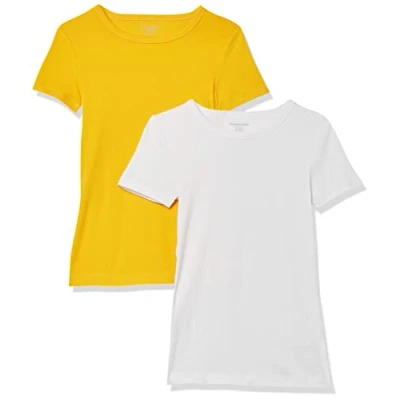 Image of Amazon Essentials Women&#039;s Slim Fit Short Sleeve Crewneck T Shirt, Pack of 2, White/Gold, XS