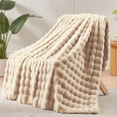 Image of LINGKY Soft Warm Rabbit Plush Fleece Throw Blanket Thick 1000 GSM Throws for Sofas Large Fluffy Bed Couch Travel Kids Decor, Khaki, 160x200cm
