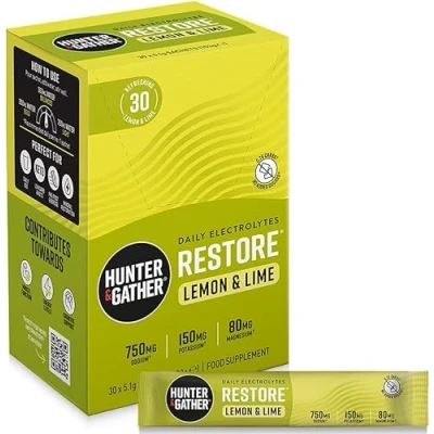 Image of Hunter &amp; Gather Restore Electrolytes Sachets x 30 I No Added Sugar or Artificial Sweeteners 100% Natural Hydration Optimal Mineral Ratio With Pink Himalayan Salt Keto Monk Fruit