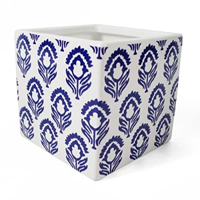 Image of Leaf Ceramic Planters, Cube White Blue, 12cm