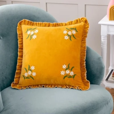 Image of furn. Daisy Frill Embroidered Velvet Feather Rich Cushion Gold Cotton Size 45 cm x