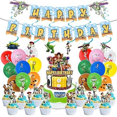 Image of 52 Pcs Toy Story Birthday Party Supplies,Toy Decorations include Cake Topper, Cupcake Toppers, Banner, Balloons,Spirals