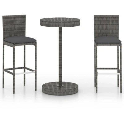 Image of vidaXL 3 Piece Garden Bar Set, Poly Rattan Outdoor Furniture with Cushions, Grey, Durable Steel Frame, Weather Resistant, Comfortable Stools &amp; Round Table