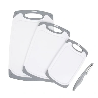 Image of ASAB Plastic Chopping Board Set of 3 Kitchen Dishwasher BPA Free Safe Non Slip Cutting Hanging Hole Large Medium Small Easy Grip Handle Juice Groove Peeler Included for Meat Fruit Vegetable
