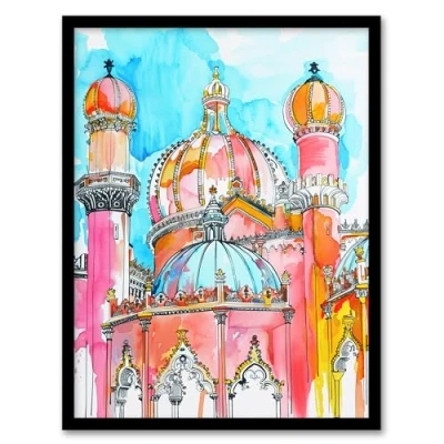 Image of Artery8 Colourful Brighton Royal Pavilion Watercolour Living Room Artwork Framed Wall Art Print 18X24 Inch