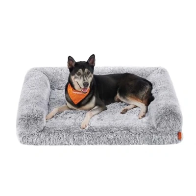 Image of Feandrea Fluffy Large Dog Bed, XL Orthopedic Sofa Bed for Medium and Dogs, Egg Crate Foam Pet Couch with Sides Removable Washable Cover, 106 x 80 23 cm, Grey Ombré PGW233G01