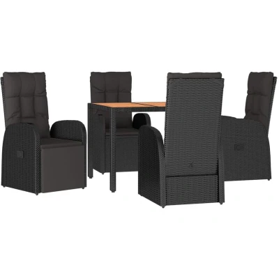 Image of Vidaxl 5 Piece Garden Dining Set Black Poly Rattan&amp;Solid Wood Acacia