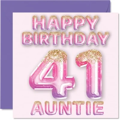Image of 41st Birthday Card for Auntie Pink &amp; Purple Glitter Balloons Happy Cards 41 Year Old Aunt Aunty from Nephew Niece, 145mm x Bday Greeting Gift