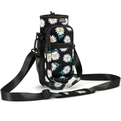 Image of Nuovoware Water Bottle Carrier Bag, 750ml Pouch Holder, Adjustable Shoulder Hand Strap 2 Pocket Sling Neoprene Sleeve Sports Accessories for Hiking Travelling, BlackDaisy