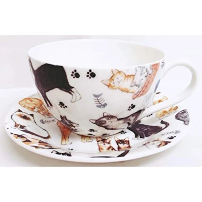 Image of Cats Breakfast Cup &amp; Saucer Set Fine Bone China Cute Collage Hand Decorated in UK