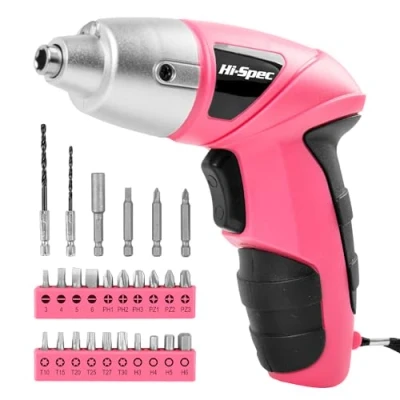 Image of Hi Spec 27 Pc Electric Screwdriver Pink 3.6V with 23 Drill Bit Set for Women. Cordless Tool Rechargeable Battery &amp; LED Light. Ideal Screwdrivers Home Office.