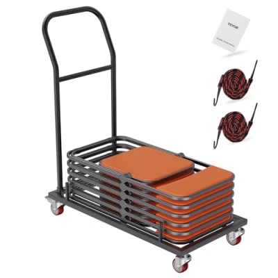 Image of VEVOR Folding Chair Dolly, Iron Commercial Cart with 12 Chairs Capacity, Rack Trolley 4 Casters, Storage Transport Dolly for Flat Stacking Plastic Resin and Wood Chairs, Black