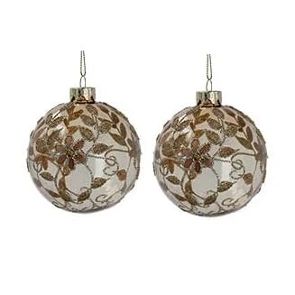 Image of Gisela Graham Clear Gold Glass Baubles with Flower, Set of 2