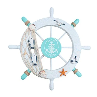 Image of Winomo Wooden Wall Decoration with Beach, Shell, Boat Wheel and Fishing Net Design