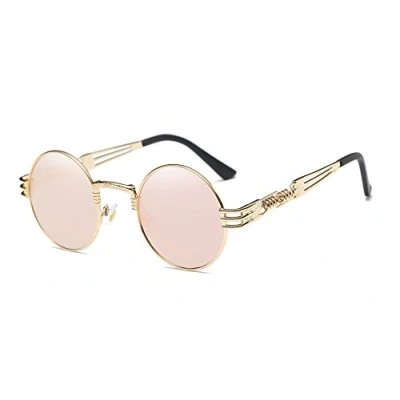 Image of Dollger John Lennon Style Retro Steampunk Sunglasses for Women Men Round Hippie UV400 Protection Flat Lens Metal Frame Eyewear(Pink Mirror Lens/Gold Frame)