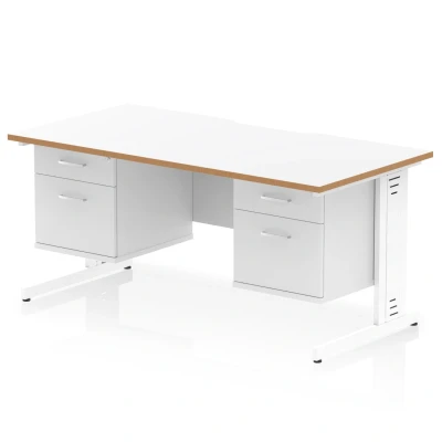 Image of Oslo 1600 x 800mm Edge Office Desk White Top Natural Wood Cable Managed Leg Workstation 2 Drawer Fixed Pedestal