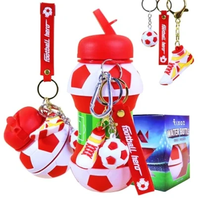 Image of RIXOZ Red &amp; Black Football Water Bottle 550ml Silicone Collapsible With Keyring For Kids