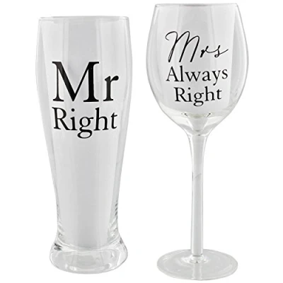 Image of Amore Mr Right and Mrs Always by Pint &amp; Wine Glass Gift Set