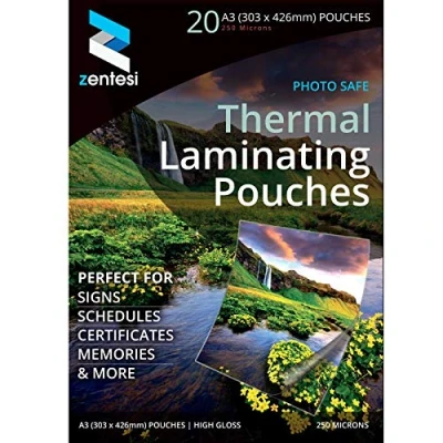 Image of Zentesi A3 Laminating Pouches High Gloss Laminator Sheets 250 Micron (125 + 125 Microns) Glossy Laminate Pouch Sleeves Pack of 20