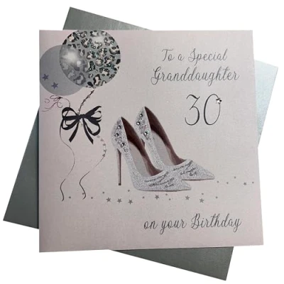 Image of White Cotton Cards Large Glitter Ball &amp; Shoes, 30 to a Special Granddaughter Handmade 30th Birthday Card, X30GD, Pink