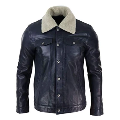 Image of Mens Real Leather Jeans Jacket Fur Collar Retro Vintage Classic Navy Blue Casual 5XL