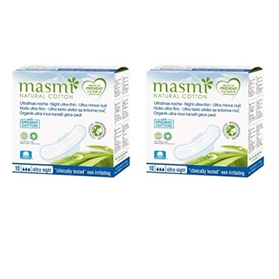 Image of 10 Masmi Ultra Thin Organic Cotton Night Pads with Wings Individually Wrapped 100% Biodegradable, Perfume Viscose Rayon Chlorine Dioxin Free (2)