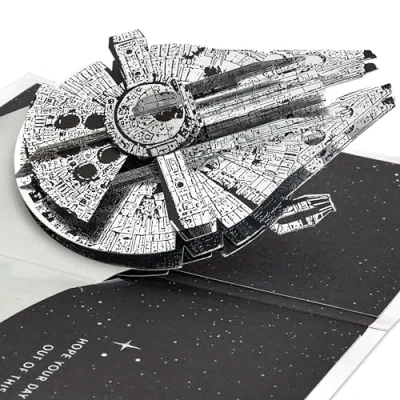 Image of Hallmark Star Wars Millennium Falcon, 3D and Pop Up Card, Any Occasion, Birthday, Fathers Day, Han Solo, Space Themed, Silver