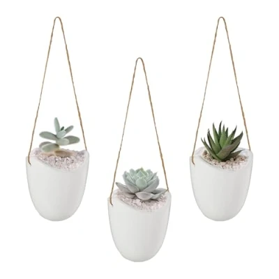 Image of Relaxdays Wall Vase Set of 3, Hanging Pot Inside, Cord for Suspension, Plants &amp; Flowers, Ceramic, 36x11x9.5cm, White