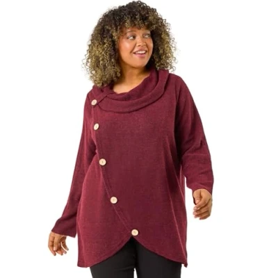 Image of Roman Curve Cowl Neck Button Wrap Top for Women UK Ladies Autumn Everyday Winter Holiday Long Sleeve Soft Drape Neckline Comfy Cozy Relaxed Fit Shirts Wine Plus Size 18