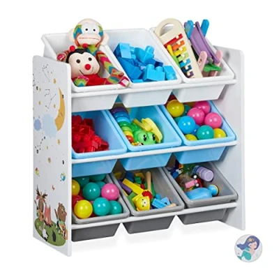 Image of Relaxdays toy storage unit, kids organiser with 9 boxes, nursery organiser, MDF, plastic, bonfire print, colourful