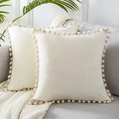 Image of Topfinel Cushion Covers,Sofa Boho Cream Cover 60cm x 60cm,Large White Scatter Velvet Pompom Cushions Accessories 24x24,Decorative Square Pillows with Invisible Zipper for Bedroom,Pack of 2…