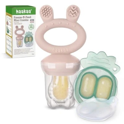 Image of Haakaa Baby Fruit Food Feeder &amp; Mini Freezer Nibble Tray Combo, Breastmilk Popsicle Molds for Cooling Relief, BPA Free Silicone Safe Infant Self Feeding, 4 Month+ (Blush)