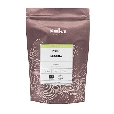 Image of Suki Tea Organic Green Sencha, Pack of Loose Leaf Chinese Tea, Light, Smooth &amp; Fresh, with Antioxidants, Great Taste, Brews in 2 5 Minutes, 500 g