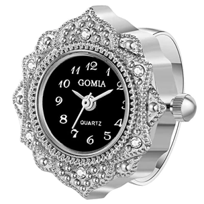 Image of JewelryWe Novelty Finger Watch Classic Gold Silver Plated Round Dial Quartz Rings Adjustable Rhinetsone Ring Watch, for Mothers Day