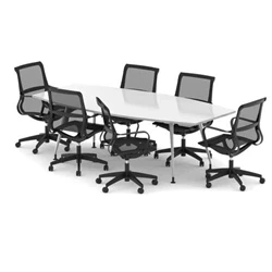 Image of High Gloss 2400mm Writable Boardroom Table White + 6 Mesh Chairs