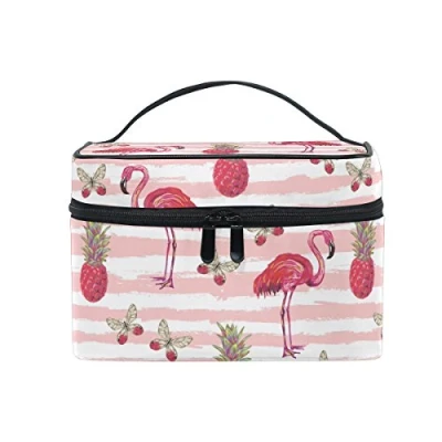 Image of Makeup Bag, Pink Flamingo Pineapple Butterfly Stripe Print Cosmetic Toiletry Storage Organiser Case Large Travel Handle Personalised Pouch with Compartments for Teenage Girl Women Lady