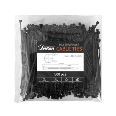Image of JelKen 500 Pack Black Cable Ties, 100mm x 2.5mm, 4&quot; Nylon Tie Wraps, Self Locking Small Zip Ties for Home Office and Garden