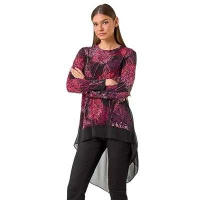 Image of Roman Originals Chiffon Dipped Hem Top Asymmetric Tunic for Women UK Ladies Stretchy Jersey Flared Blouse Smart Fit &amp; Flare Form Casual Loose Longline Party Hanky Tunics Wine Size 12