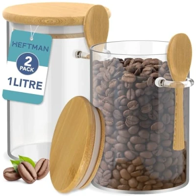 Image of HEFTMAN Glass Jars with Bamboo Lids 1 Litre, 2 Pack Airtight and Spoons for Coffee, Sugar, Spices, Hot Chocolate Station Silicone Seal Storage &amp; Canisters