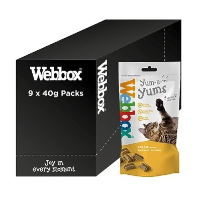 Image of Webbox Yum e Yums Semi Moist Cat Treats, Cheese Kitten Friendly, Added Taurine, Wheat and Grain Free Recipe with No Artificial Colours (9 x 40g Bags)