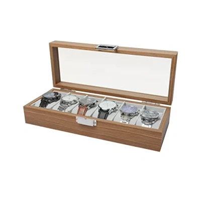 Image of Nwvuop 6 Slot Watch Box for Men and Women Wooden Display Case with Glass Lid Storage Organiser