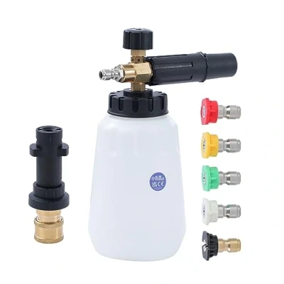Image of Aim Tools Foam Cannon Compatible with Karcher K2 K3 K4 K5 K6 K7 Pressure Washer, 5 Nozzle Tips, 1/4 Inch Quick Connector, 1L Snow Lance High Washer Jet Wash Soap Dispenser Bottle